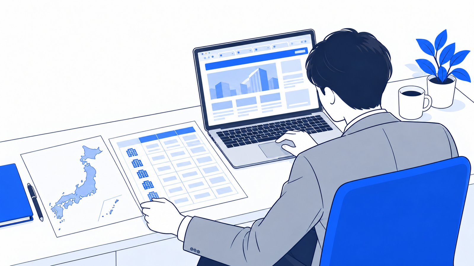 担当者が日本地図と会社の一覧表を並べ、ノートPCで各社のサイトを順に開いて確かめている