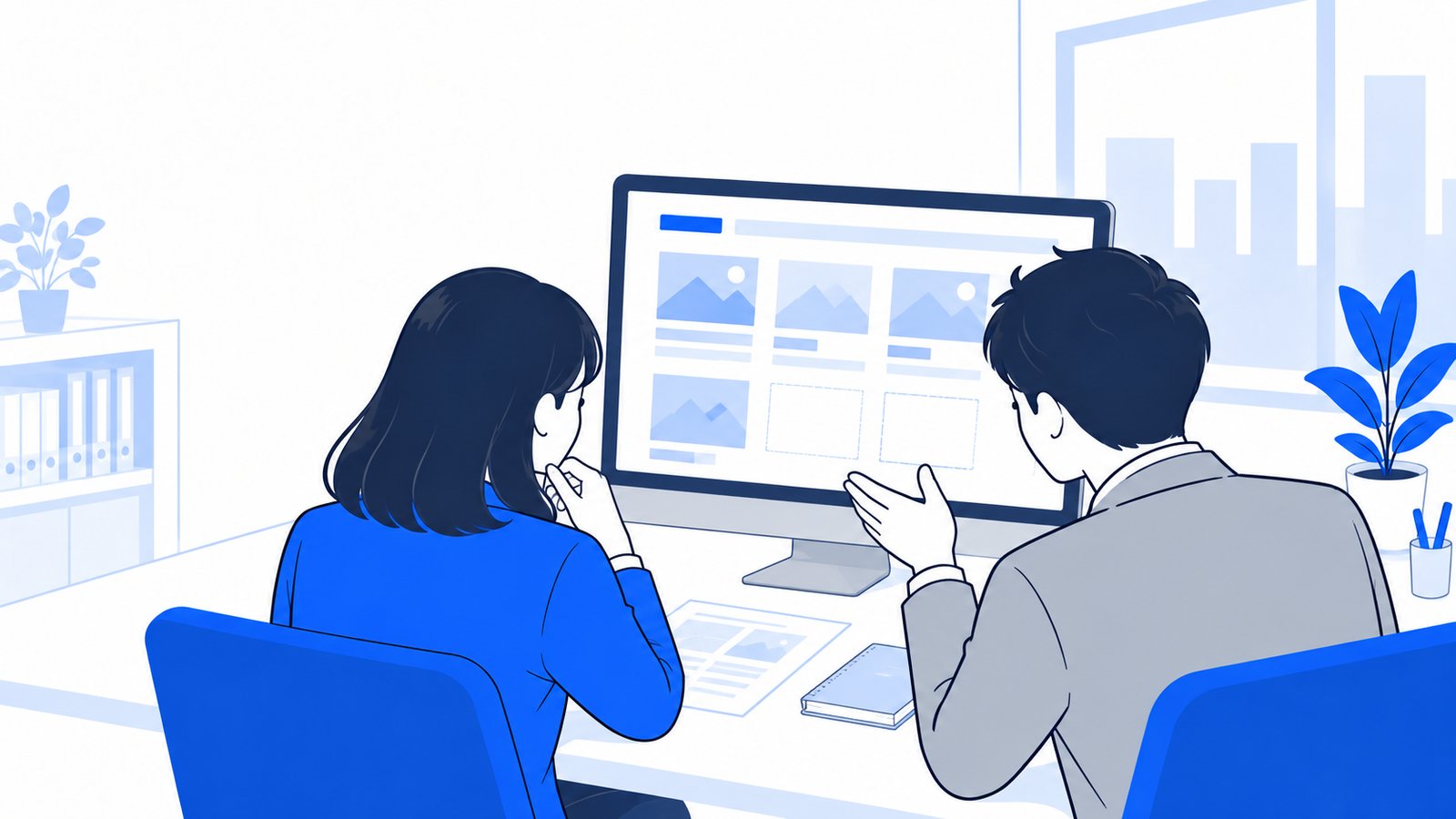更新の止まったメディアの画面を前に、担当者が上司と今後の進め方を話し合っている