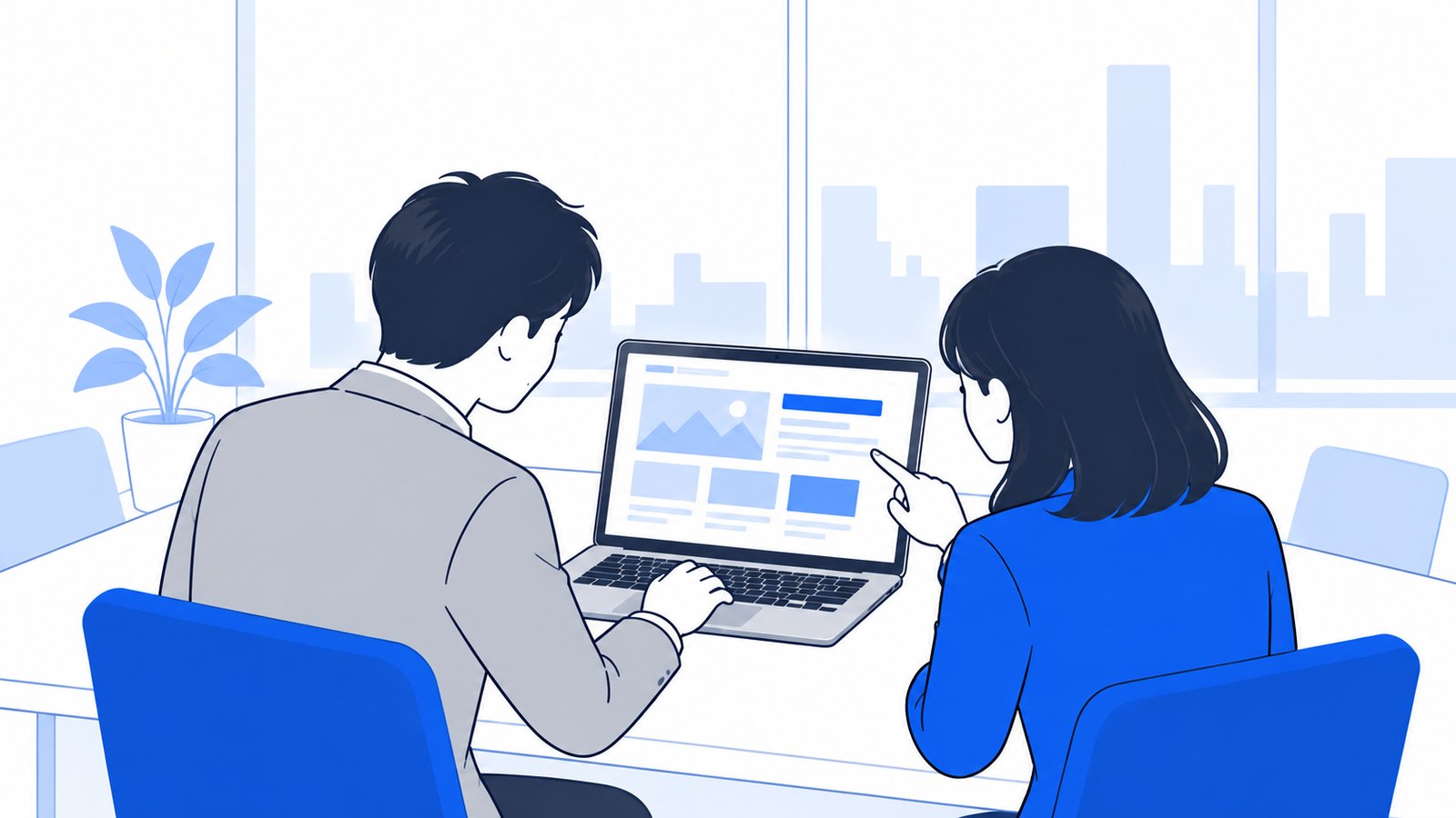 会議室で取引先の担当者2人が、ノートPCで業者の記事を読みながら話し合っている