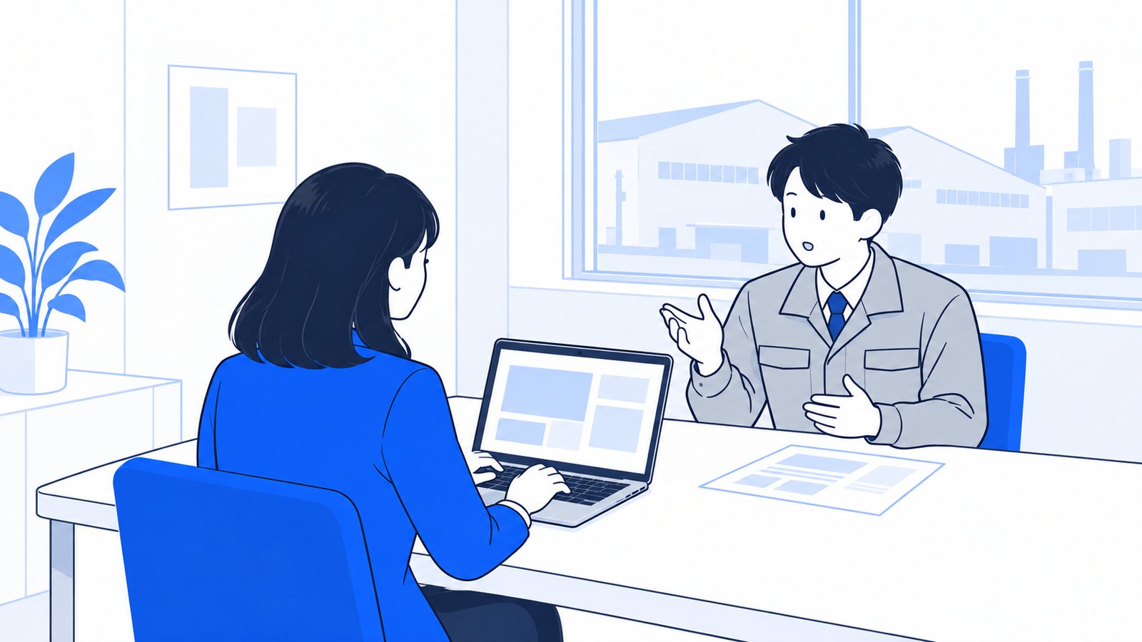 取引先の工場の応接室で、担当者がノートPCにメモを取りながら取引先の社員に話を聞いている