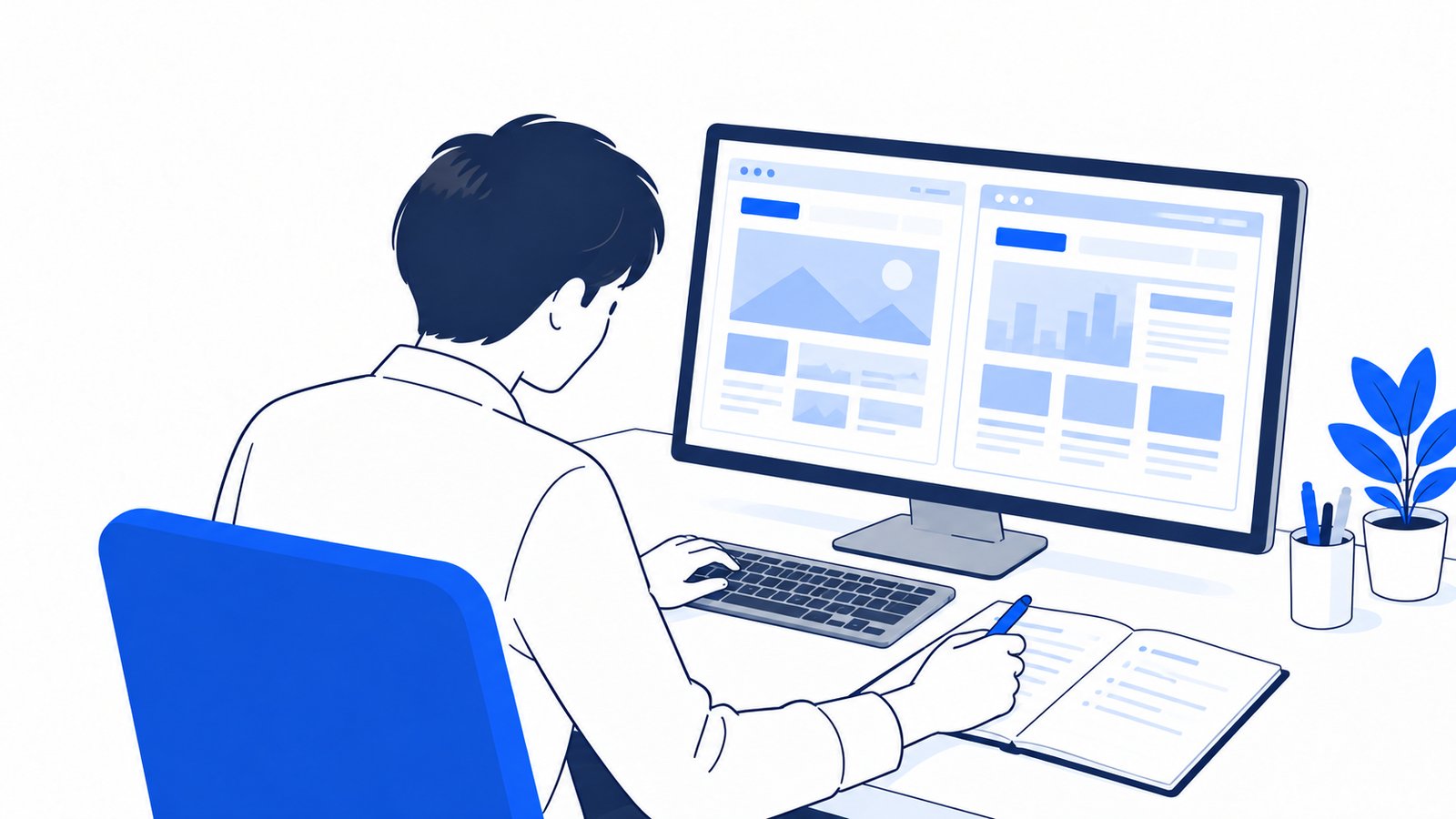 担当者がPCでほかの会社の情報サイトを見比べ、気づいた点をノートに書き出している様子を肩越しに見た場面
