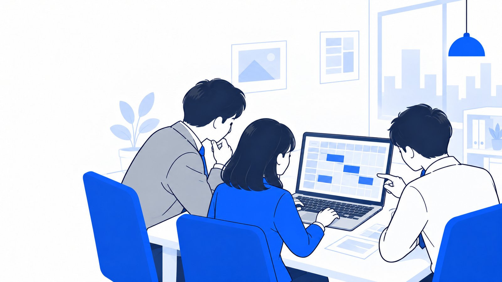 小さな事務所で、社長と営業担当と編集担当がノートPCの記事の計画表を見ながら打ち合わせている