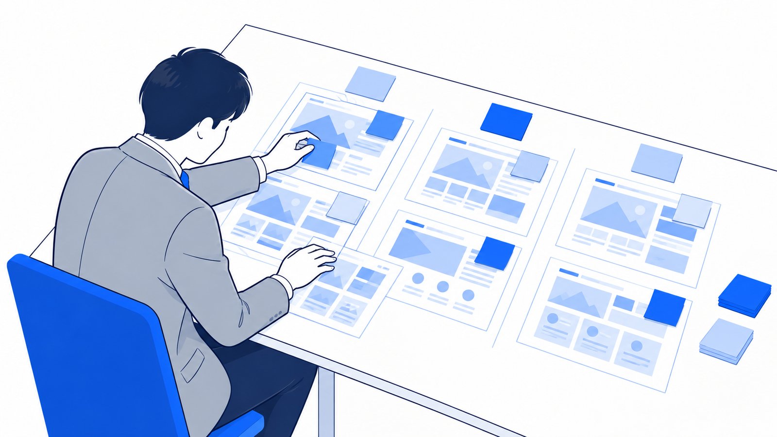 担当者が机に他社のサイトを印刷した紙を並べ、目的ごとに分けて付箋を貼っている場面