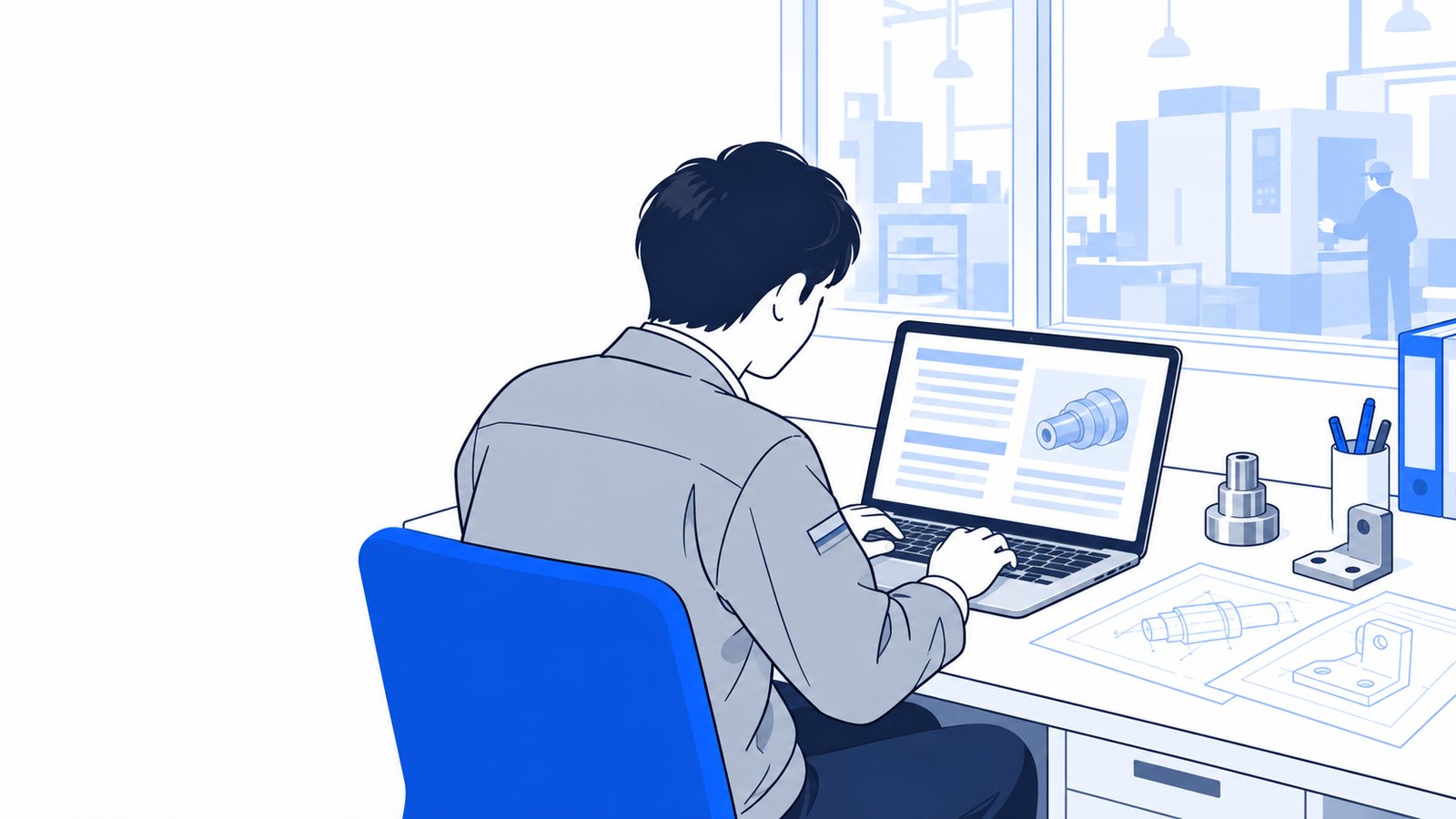 町工場の事務所で、社長がノートPCで技術の解説記事を書き、横に図面と製品の部品が置かれている場面