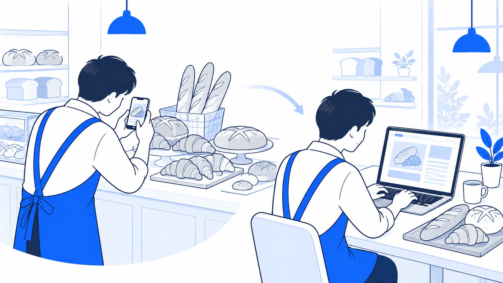 小さな店の店主が、焼き上がったパンの写真を撮り、ノートPCで読みものの記事を書いている場面