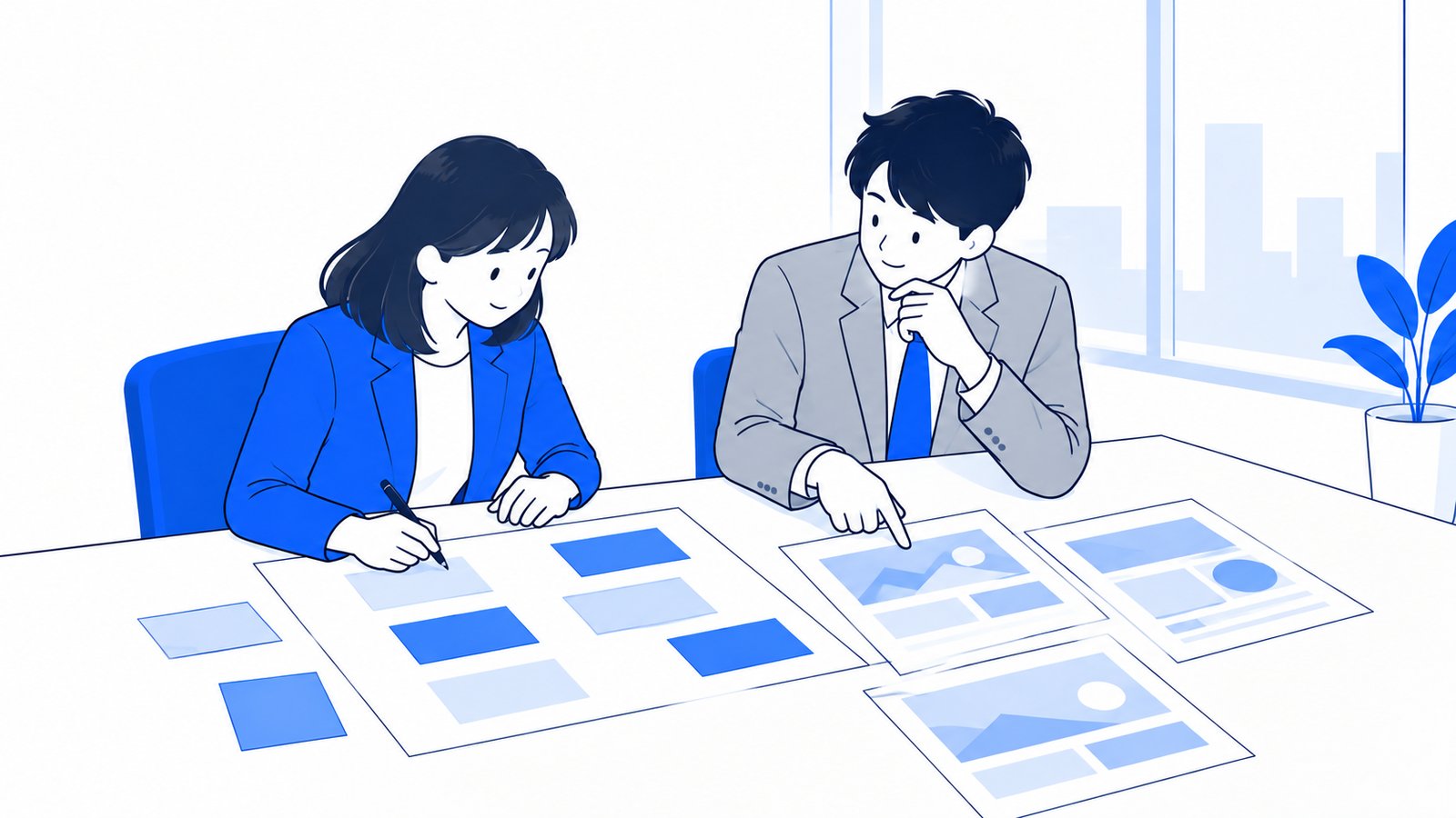 経営者と担当者が会議室で、事例を参考に自社の最初の記事のテーマを書き出している場面