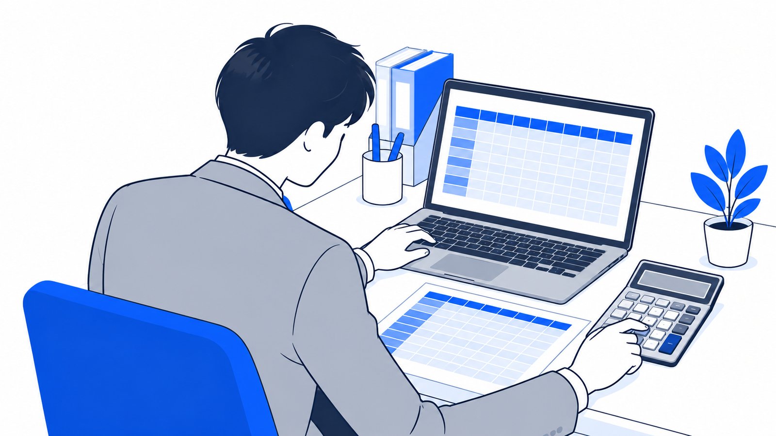 担当者が電卓とノートPCを使い、1年分の費用を項目ごとに表へまとめている