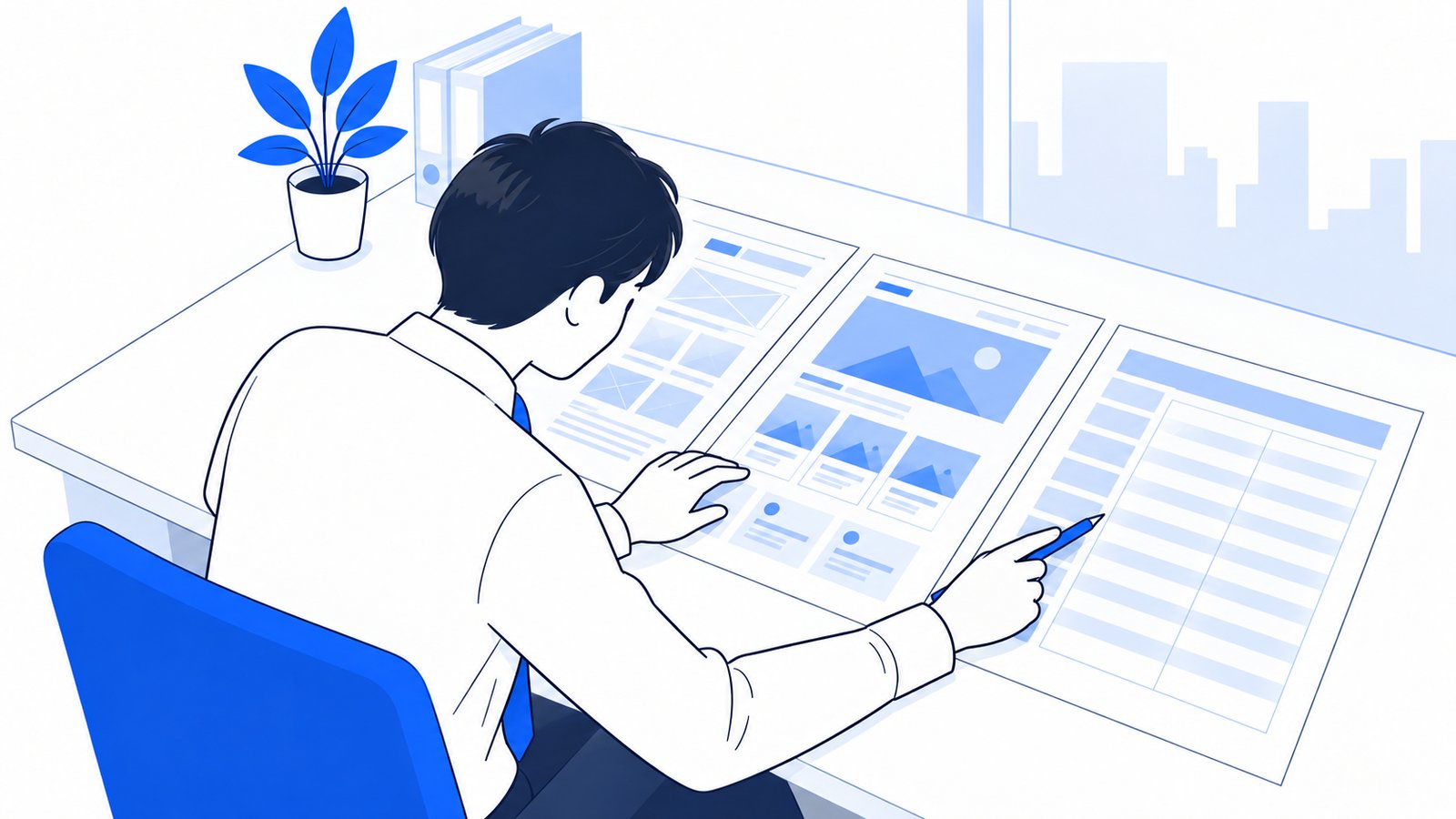担当者がサイトの設計図とデザインの案を机に並べ、見積書の項目と一つずつ見比べている