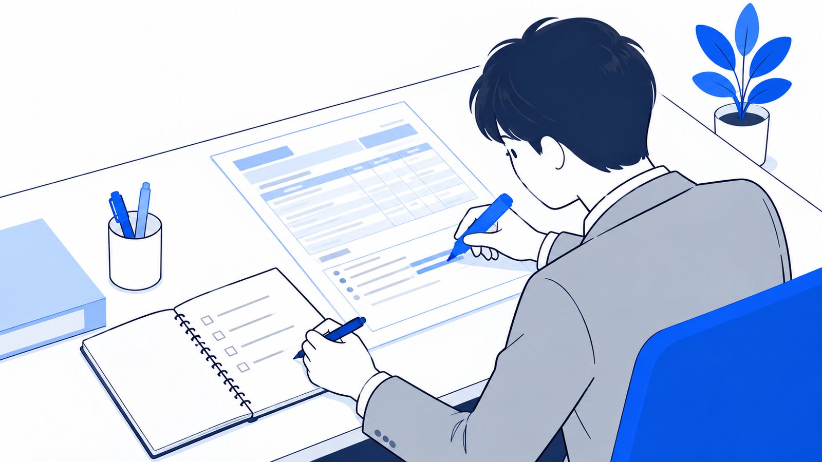 担当者が見積書の細かい条件の欄に蛍光ペンで印をつけ、ノートに確認事項を書き出している