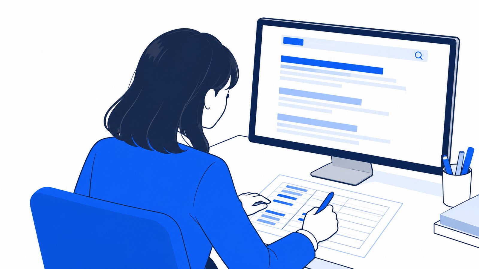 担当者がPCで検索結果を開き、気になった言葉を手元の表に書き写している様子を肩越しに見た場面