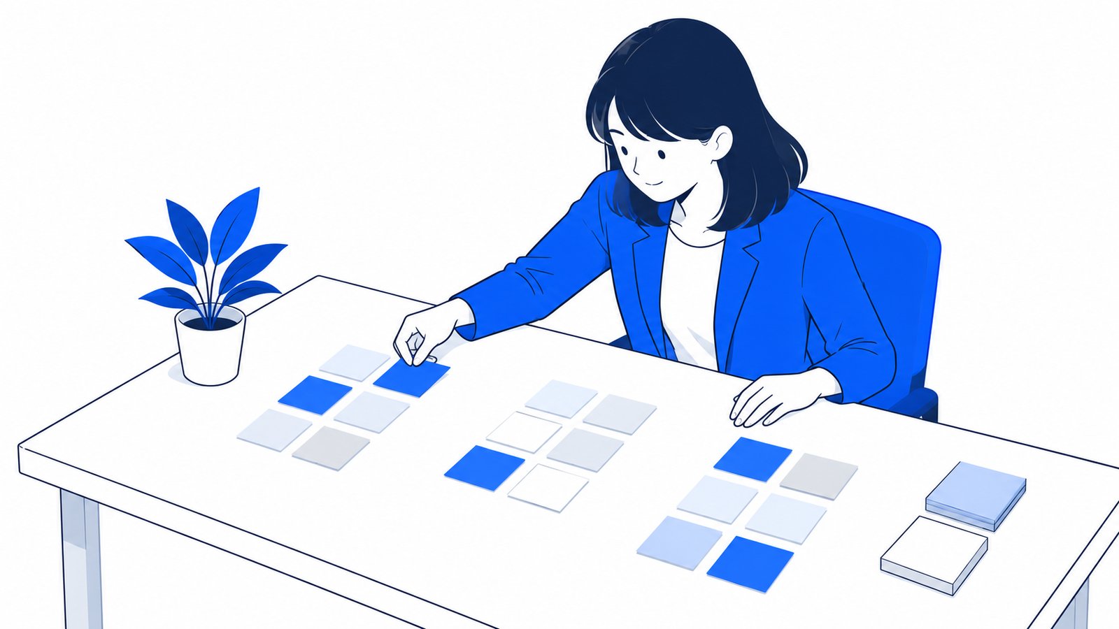 担当者が机の上に付箋を並べ、記事の案をまとまりごとに分けている