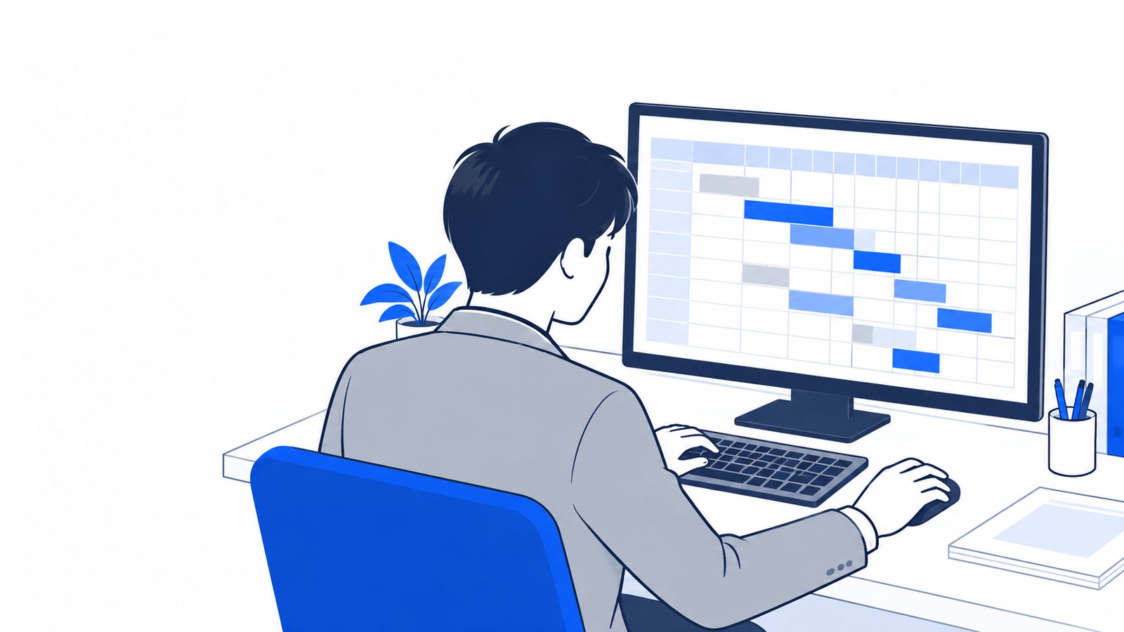 担当者がPCの表計算ソフトで記事の公開予定表を作っている様子を肩越しに見た場面