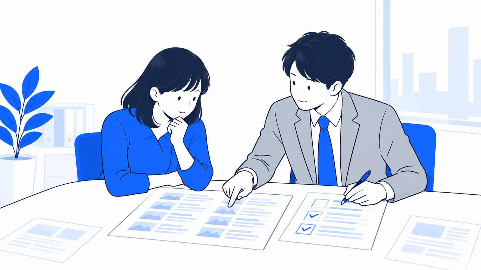 担当者と上司が、止まっていたメディアの記事一覧を印刷した紙を見直しながら立て直しの計画を話している