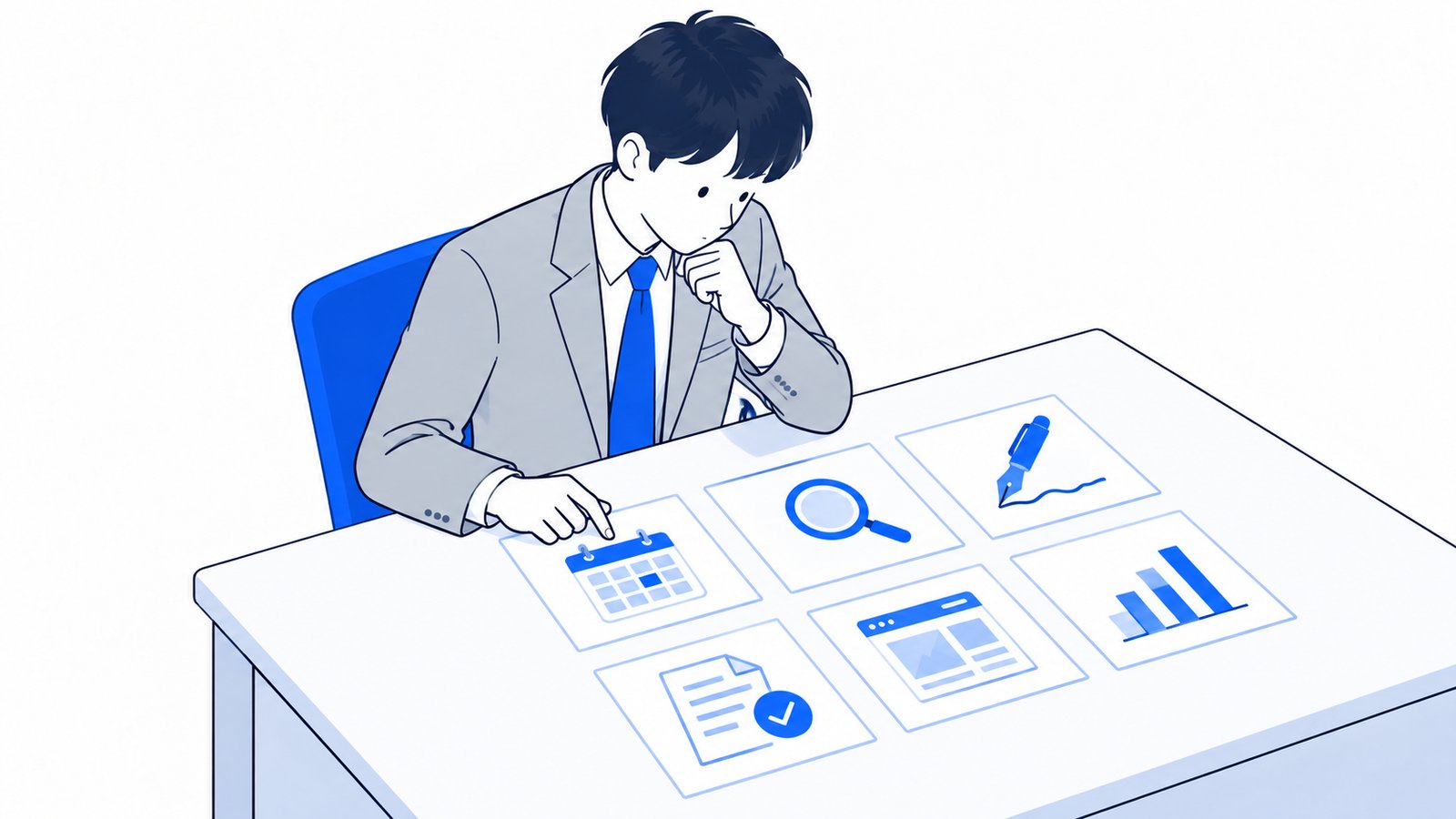 会社の担当者が、メディアの仕事を書いた6枚のカードを机に並べて見比べている