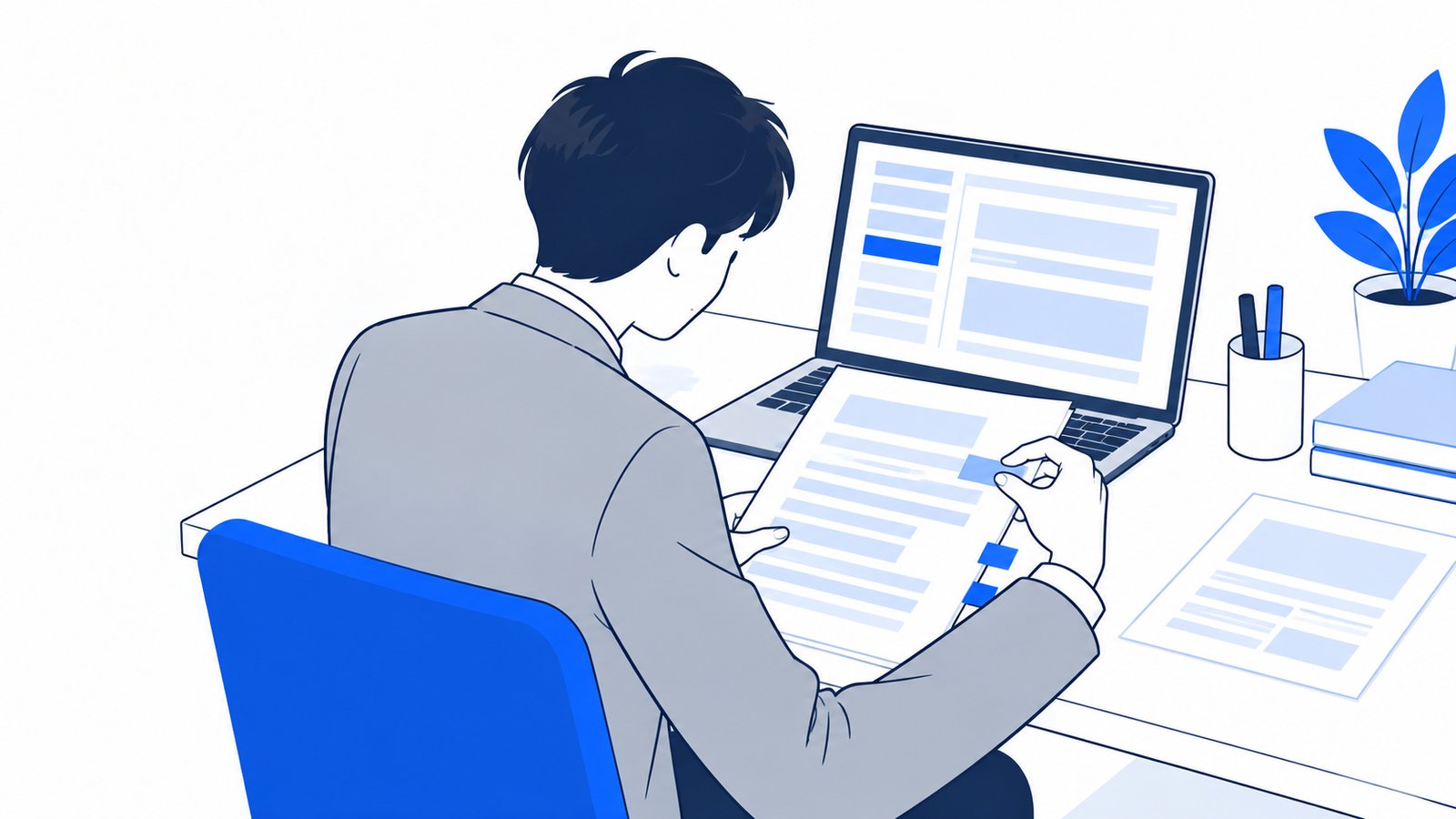 担当者が契約書の条文に付箋を貼りながら、ノートPCの画面と照らし合わせている