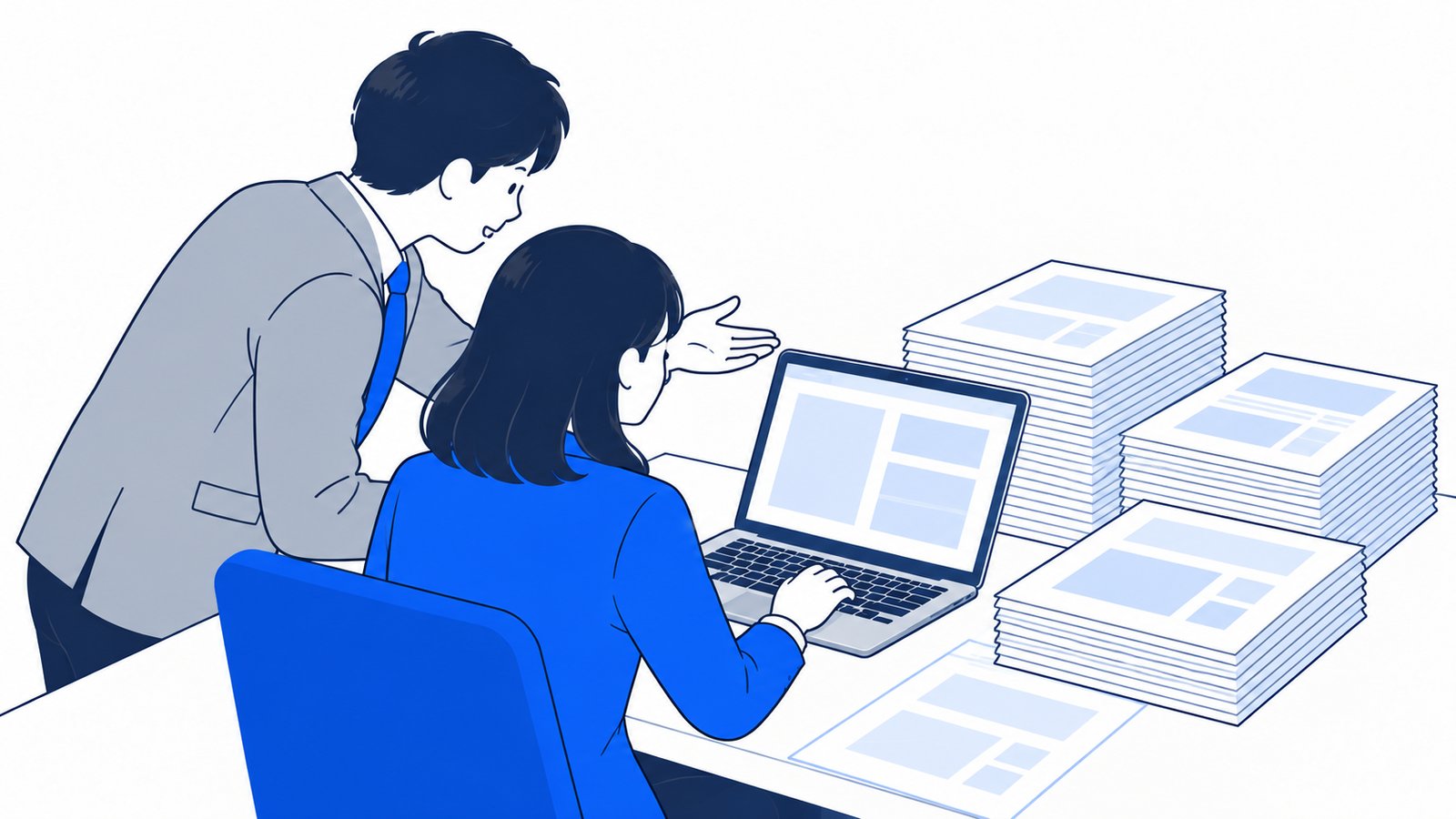 担当者と上司が、確認待ちの原稿の束を前にノートPCを見ながら話し合っている