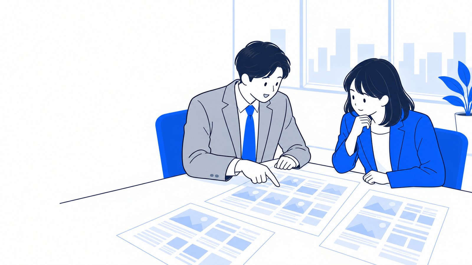 会議室で経営者と担当者が、印刷した自社サイトの記事一覧を見ながら話し合っている場面
