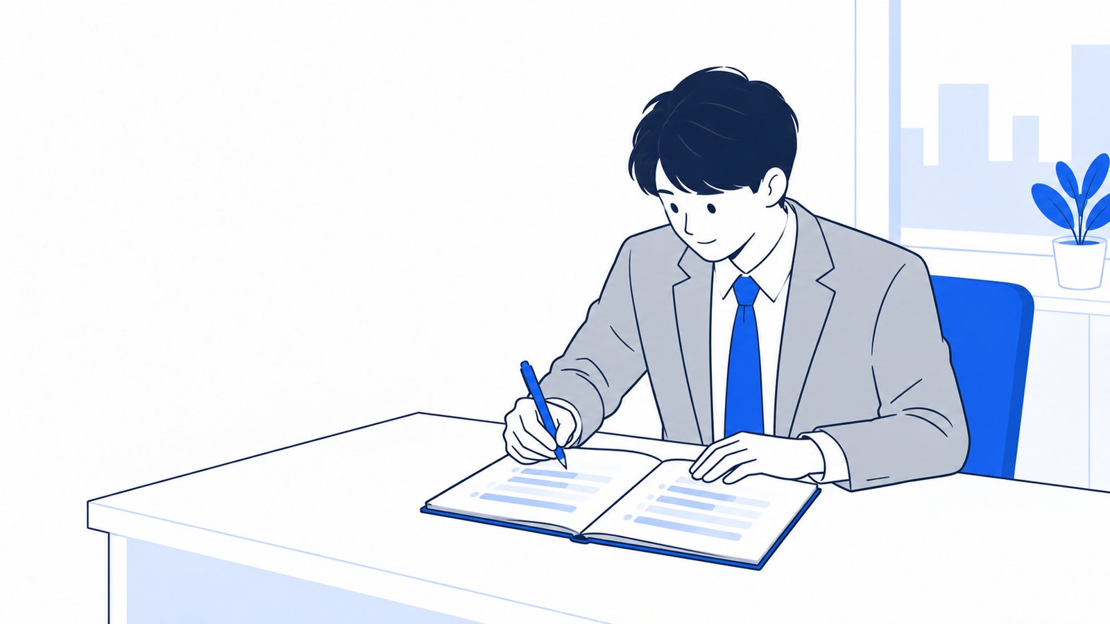 経営者が机でノートを広げ、お客さんからよく聞かれる質問を一つずつ書き出している場面