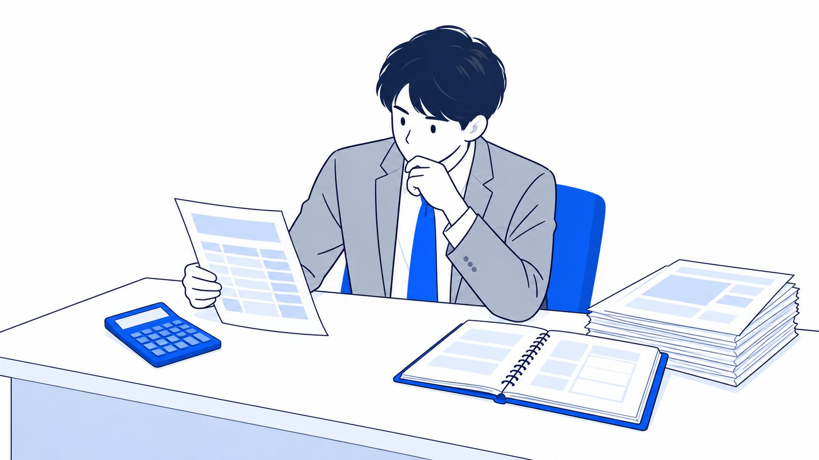 担当者が机に外注先の見積書と電卓を並べ、社内でやる場合の手間と見比べている場面