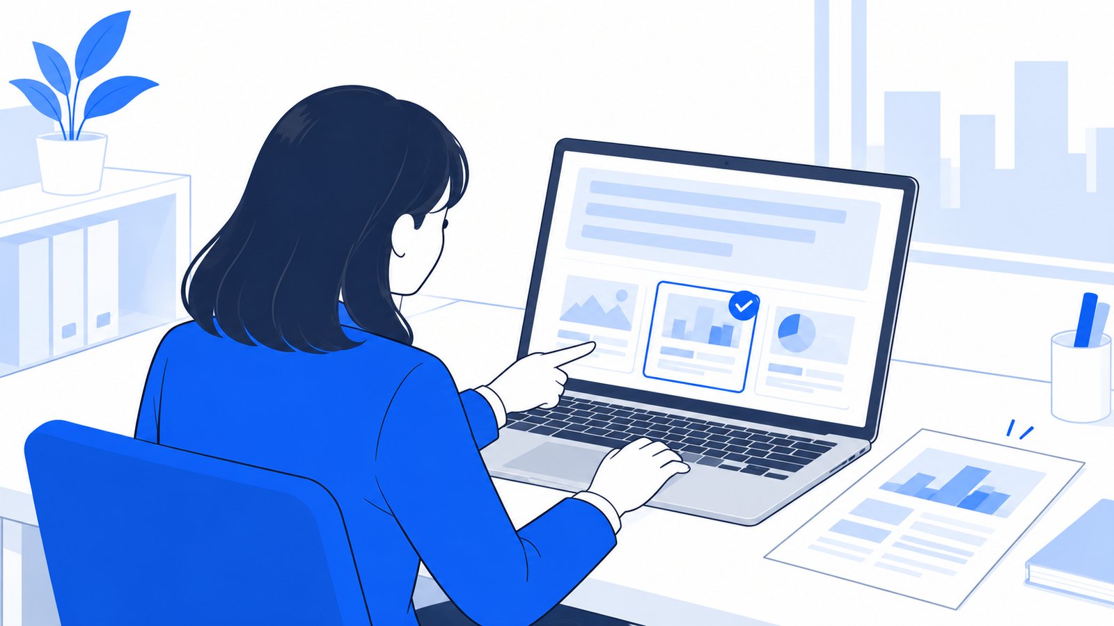 担当者がノートPCでAIの回答を読みながら、回答の下に並ぶ引用元に自社の記事があるか確かめている場面