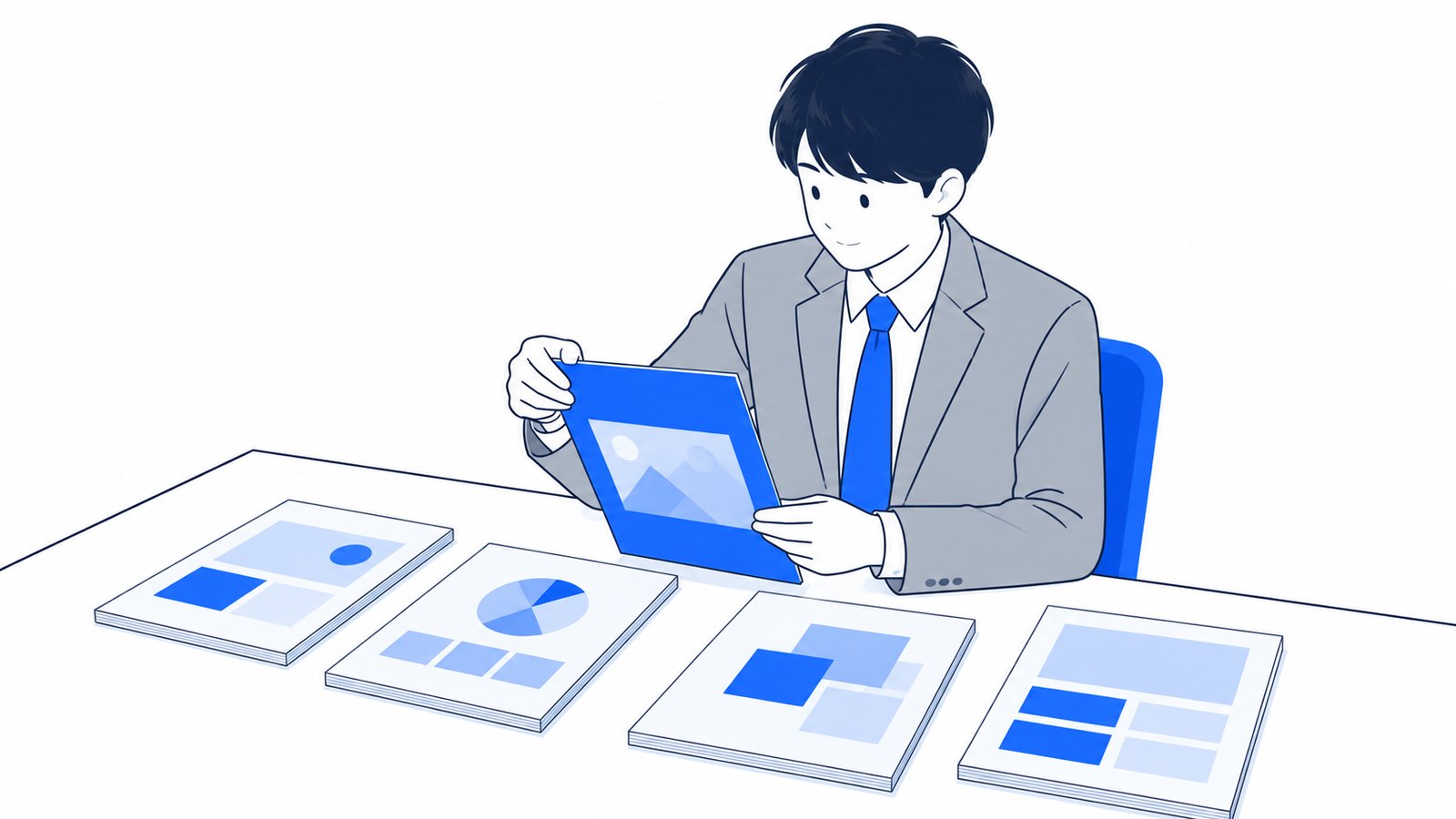 担当者が机に並べた複数の資料の中から、次に読む一冊を手に取っている場面