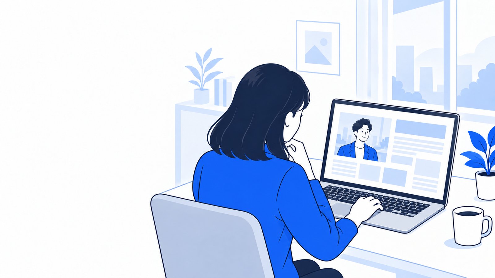 転職を考えている人が、自宅のノートPCで企業の社員インタビュー記事を読んでいる場面