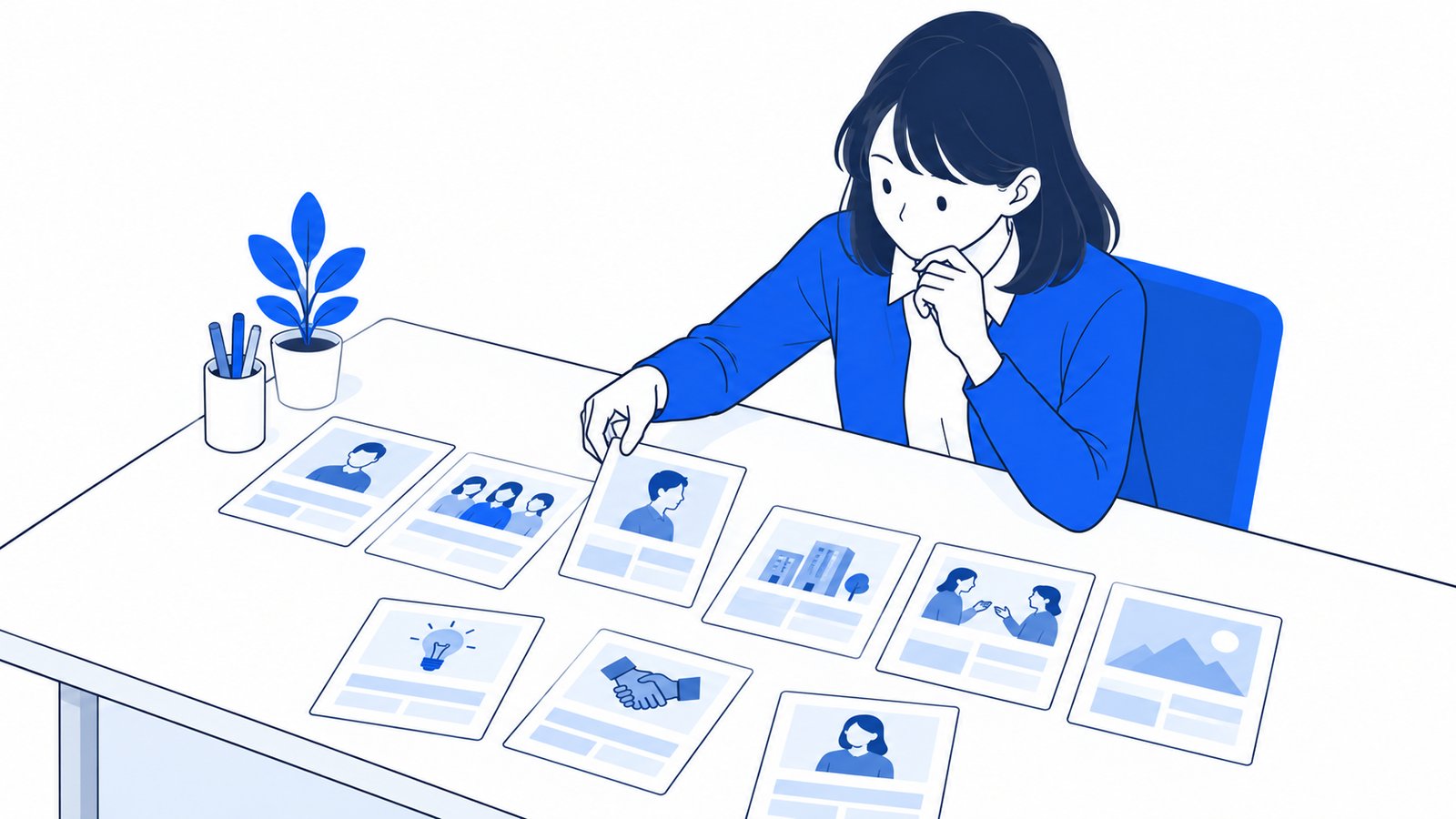 採用担当者が机に記事のネタを書いたカードを並べ、公開する順番を考えている場面