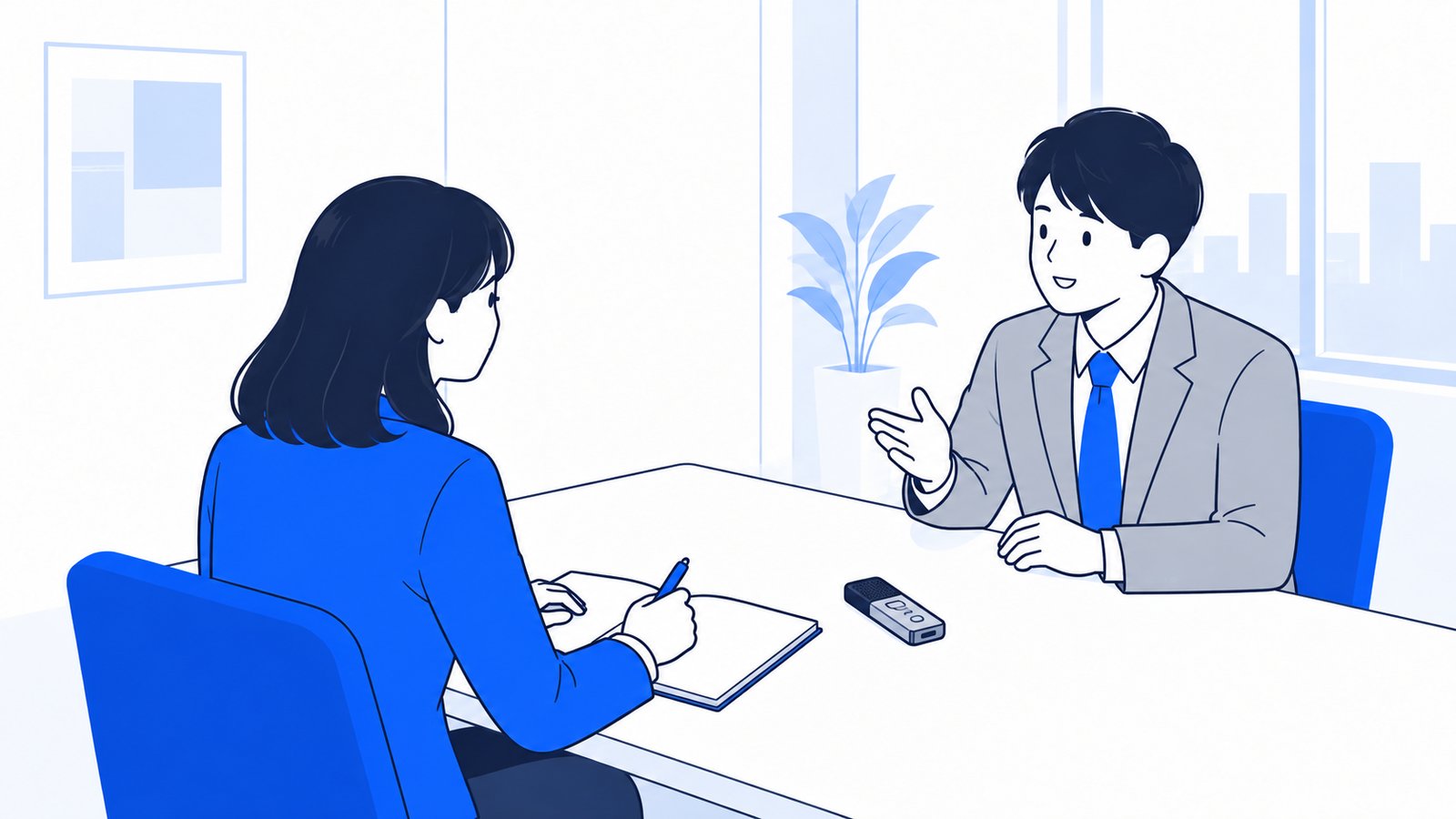 小さな会議室で、採用担当者がICレコーダーを置いて社員に話を聞き、メモを取っている場面