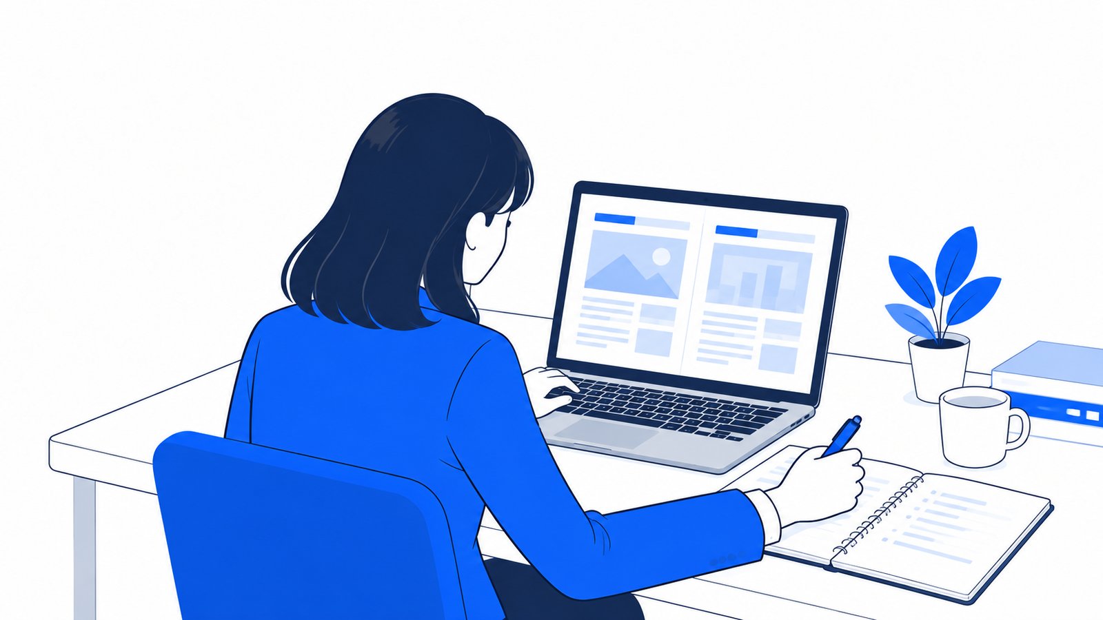 採用担当者がノートPCで他社の採用記事を読み比べ、まねしたい点をノートに書き出している場面