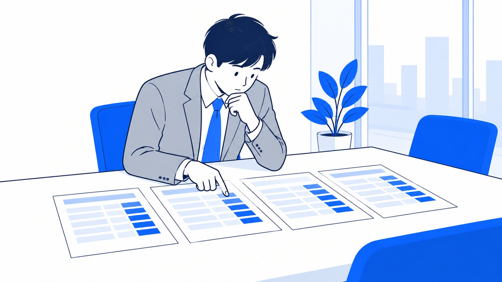 会議室の机に何社分もの見積書を並べ、金額の欄を指で追いながら見比べる担当者