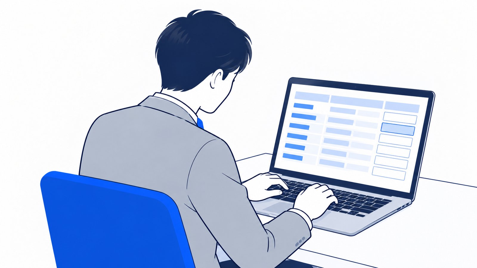 ノートPCで作業項目の一覧表を開き、項目ごとに金額を書き込んでいく担当者