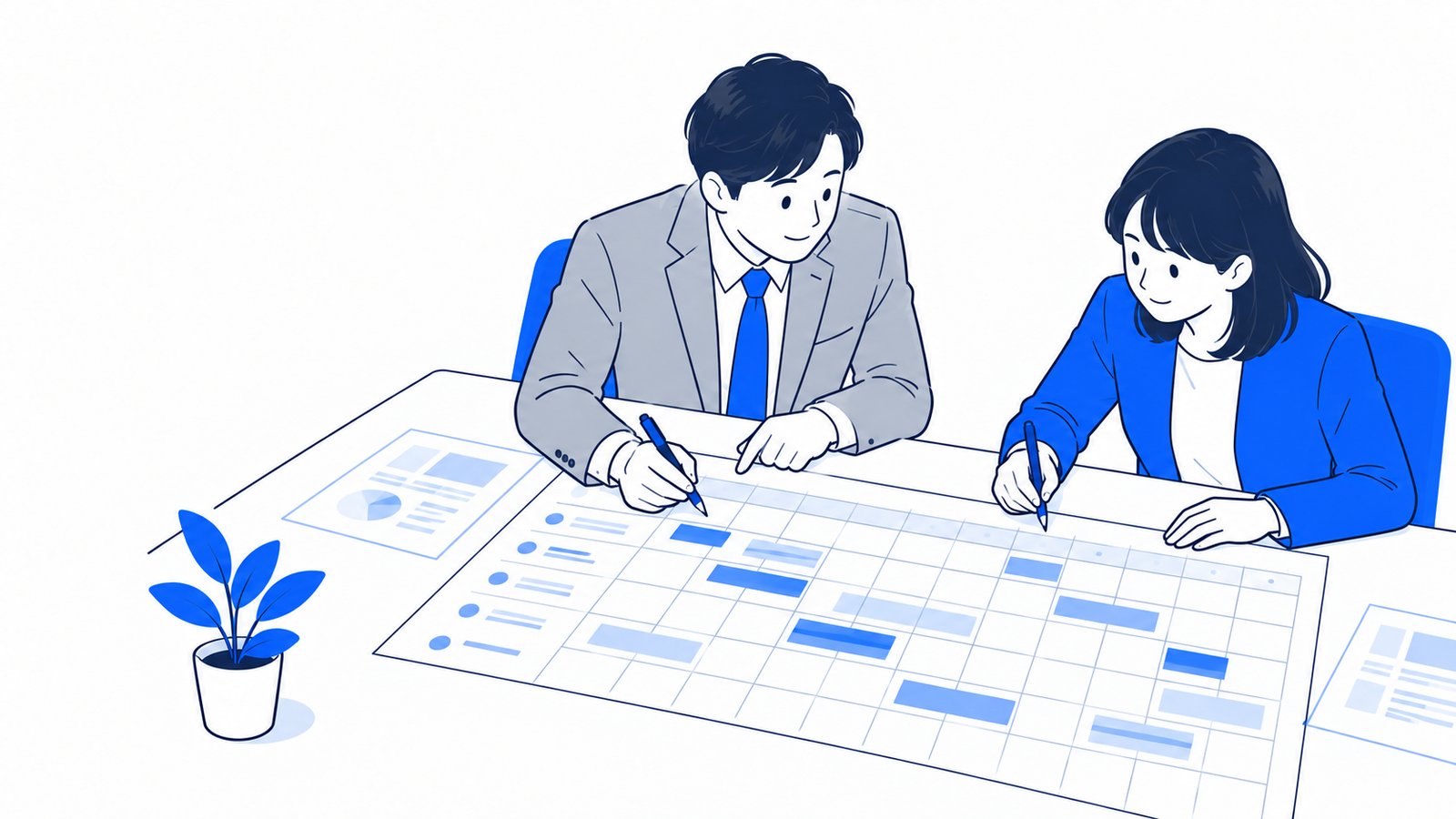 経営者と担当者がテーブルに年間計画表を広げ、月ごとの作業と金額を書き込んでいる