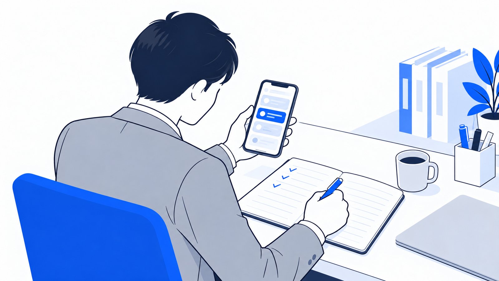 担当者がスマホでAIの回答画面を開き、自社名が出てくるかを確かめてノートに記録している