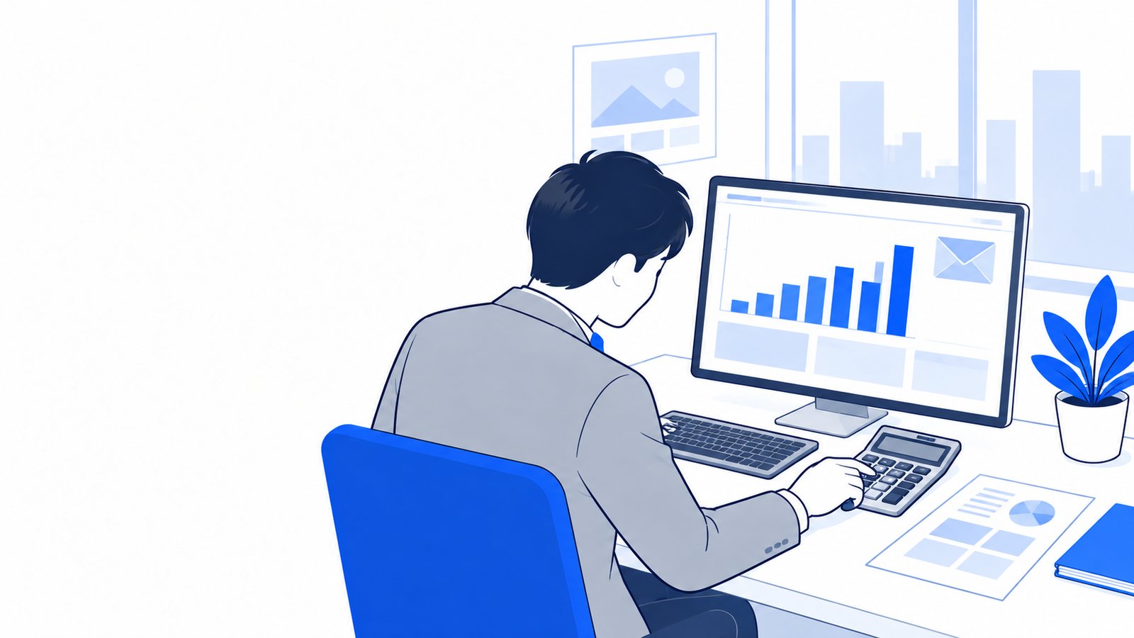 経営者が電卓をたたきながら、PCに表示された月ごとの問い合わせ数を確認している