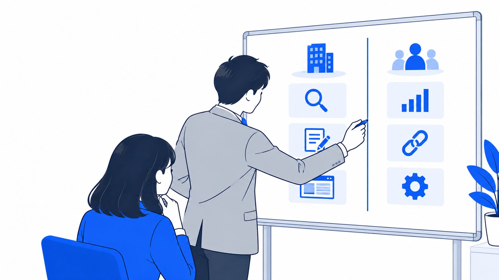 担当者がホワイトボードにSEOの作業を書き出し、社内でやるものと外に頼むものに線を引いて分けている