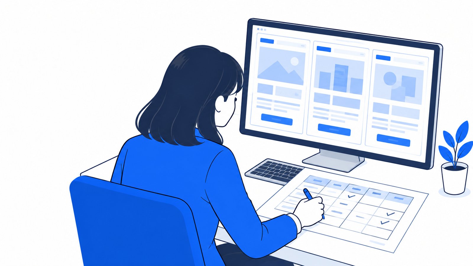 担当者がPCで何社かのサービス紹介ページを開き、手元の表に特徴を書き込みながら見比べている