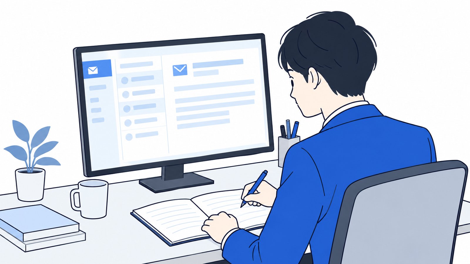 担当者がPCで届いたばかりの営業メールを開き、内容を確かめながらメモを取っている