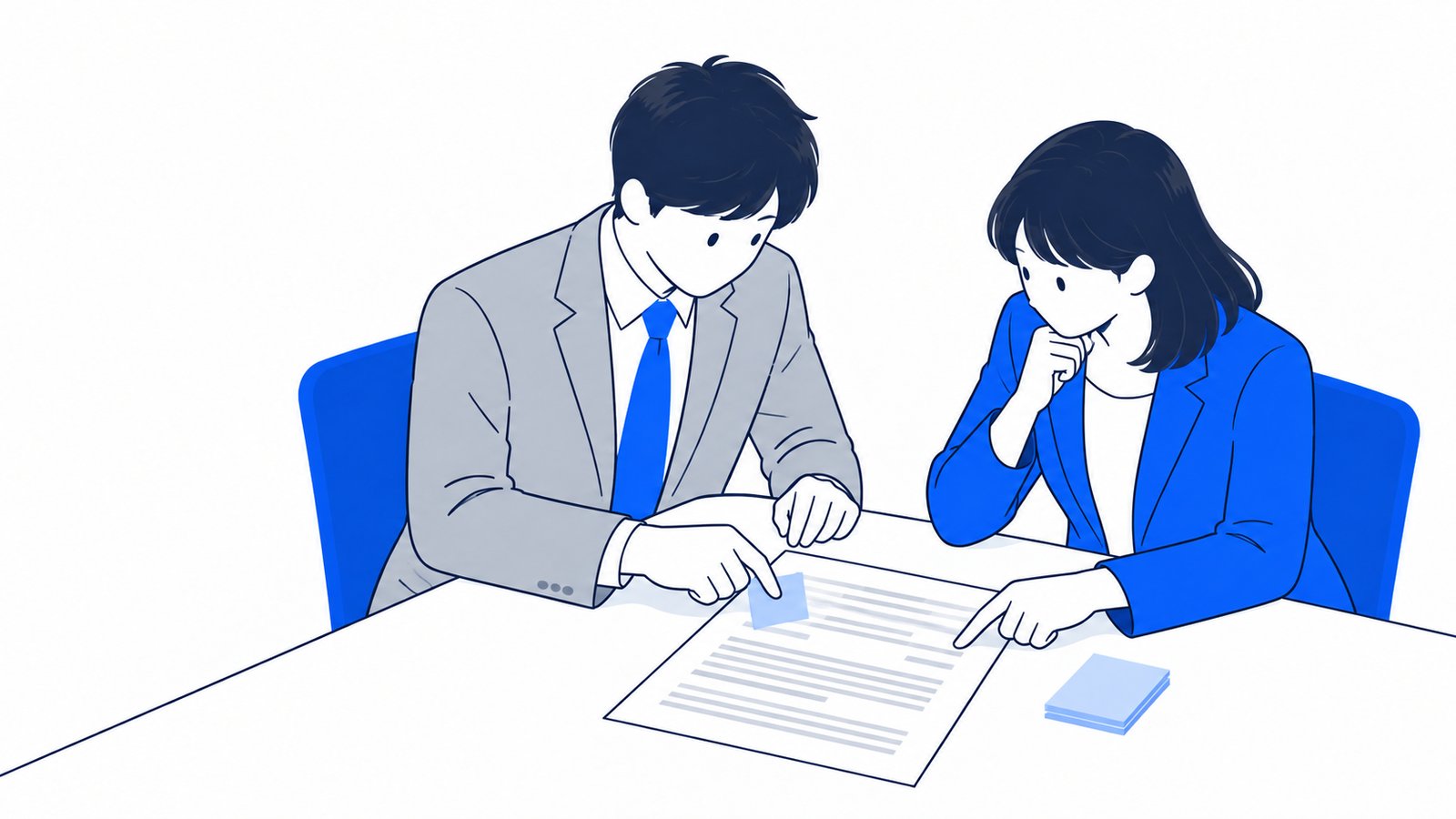 経営者が契約書の条文に付箋を貼りながら、担当者と確認すべき点を話し合っている