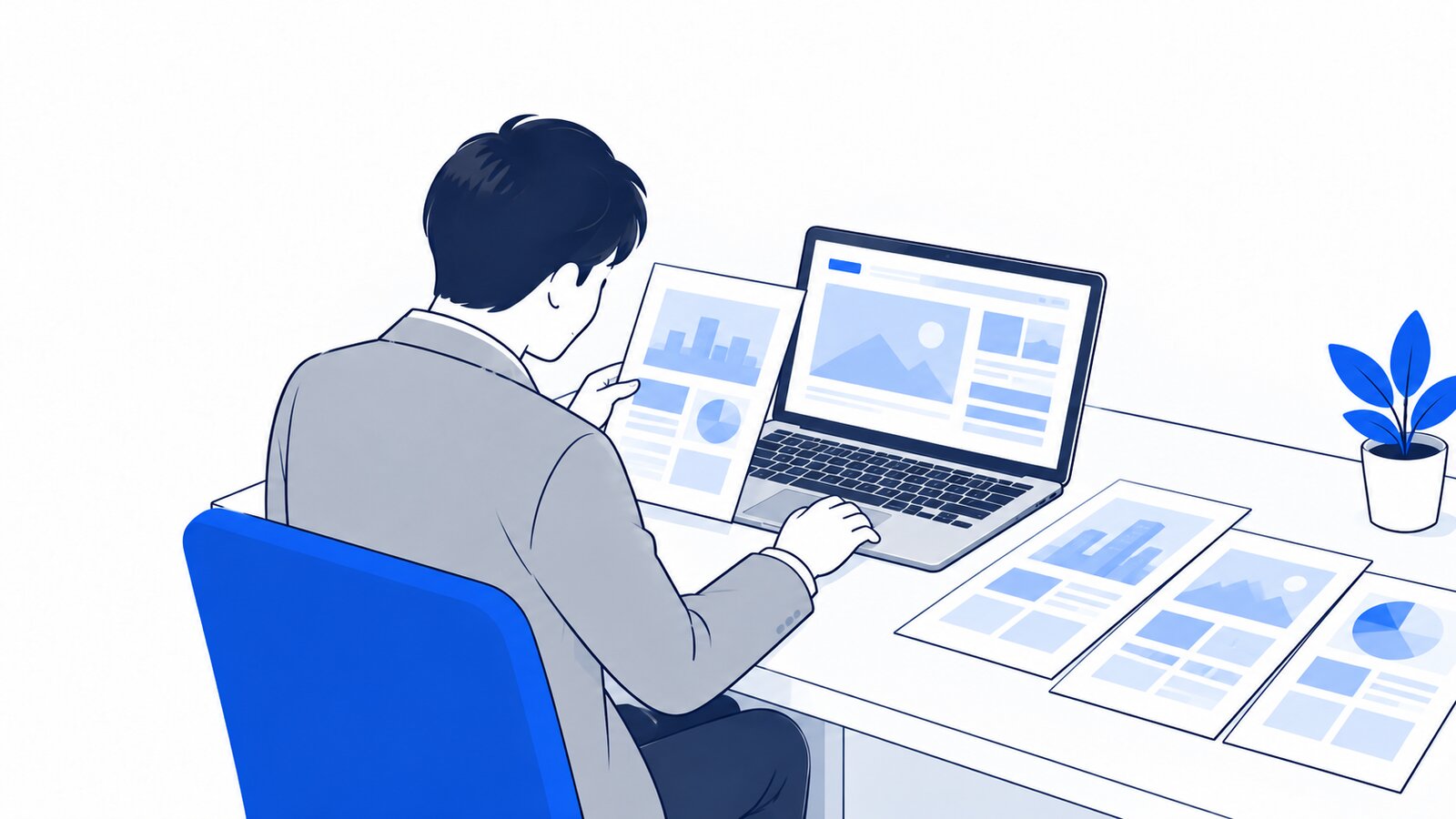 机に複数の会社案内とノートPCを並べて見比べる担当者