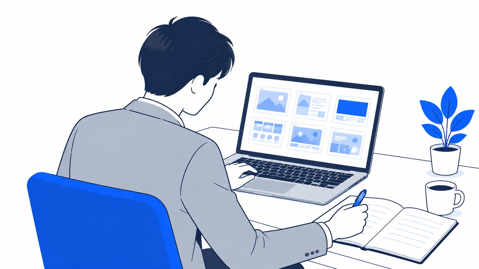 ノートPCで制作会社の実績ページを見ながらメモを取る担当者を、肩越しに見た様子