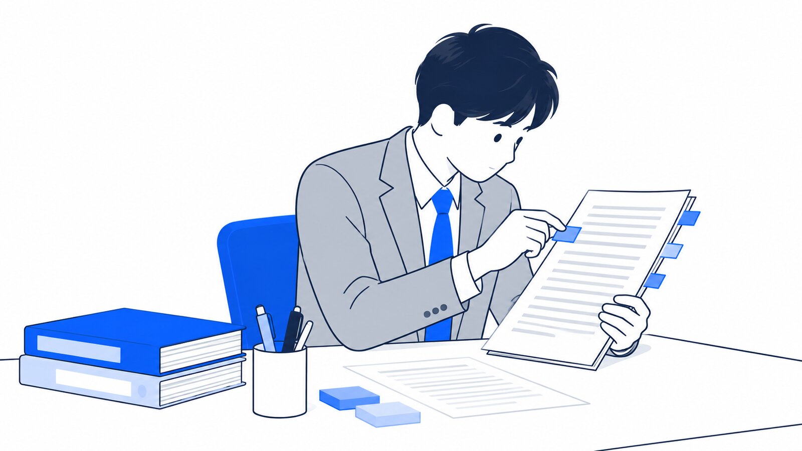 契約書を読みながら、気になる条項に付箋を貼る経営者