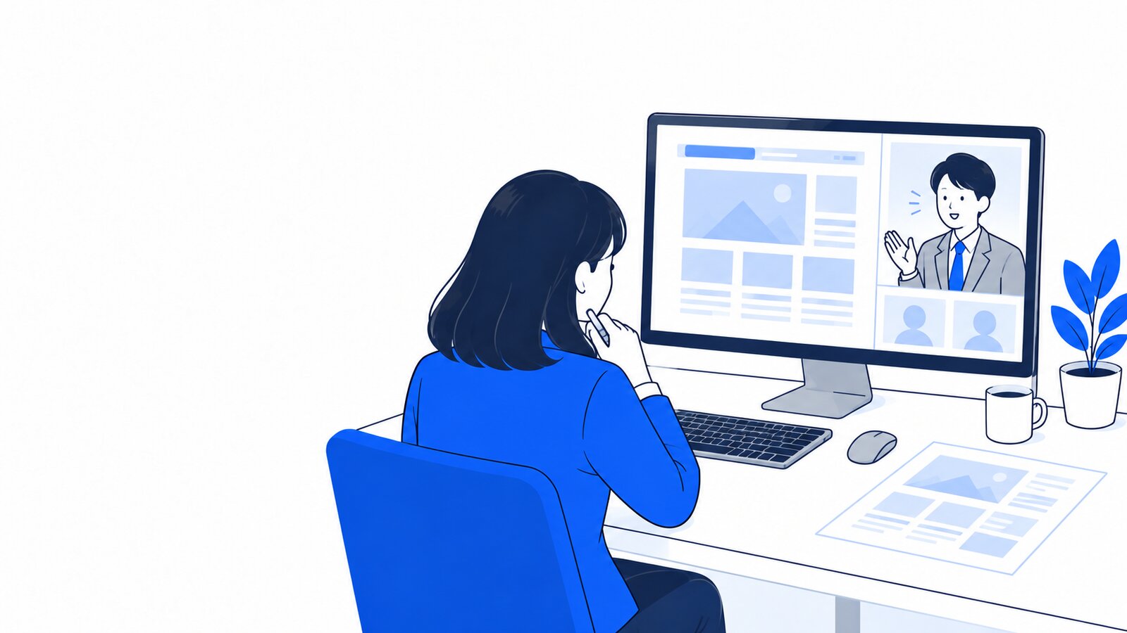 オンライン会議で、制作会社の担当者とサイトの構成案を確認する担当者