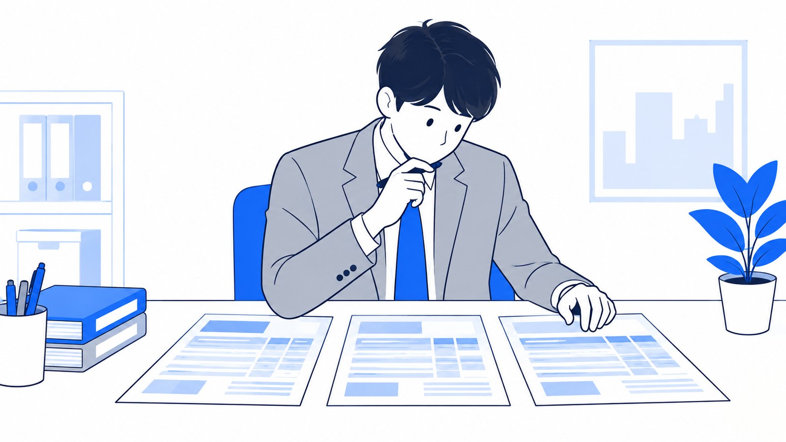 会社員が机の上に複数の見積書を並べて見比べている様子