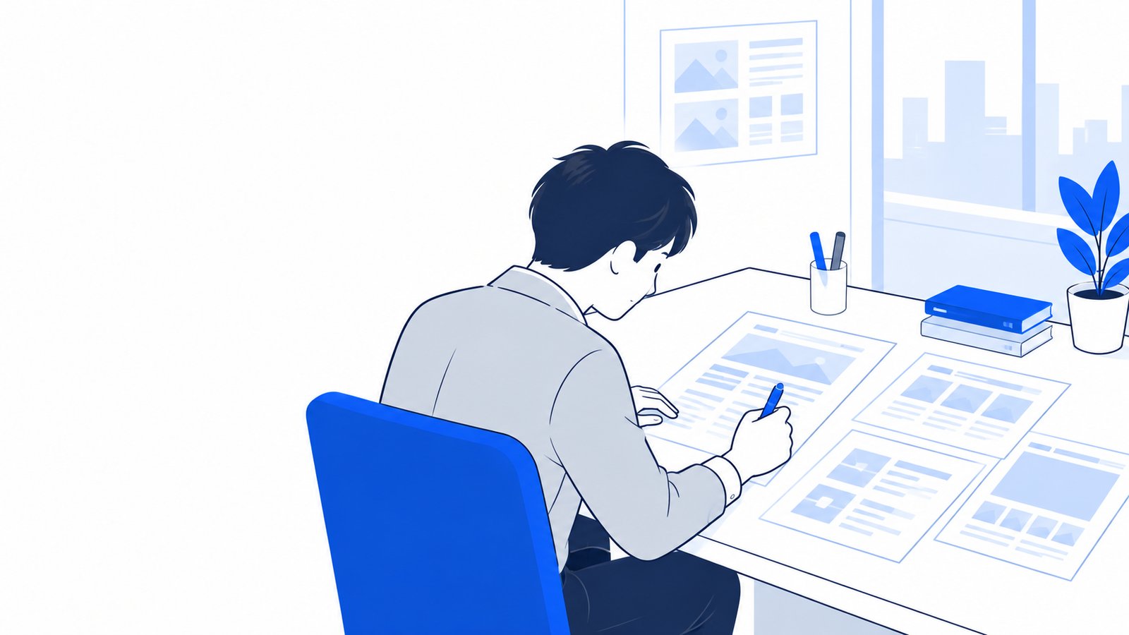 担当者が紙にページ構成と原稿の要点を書き出している様子
