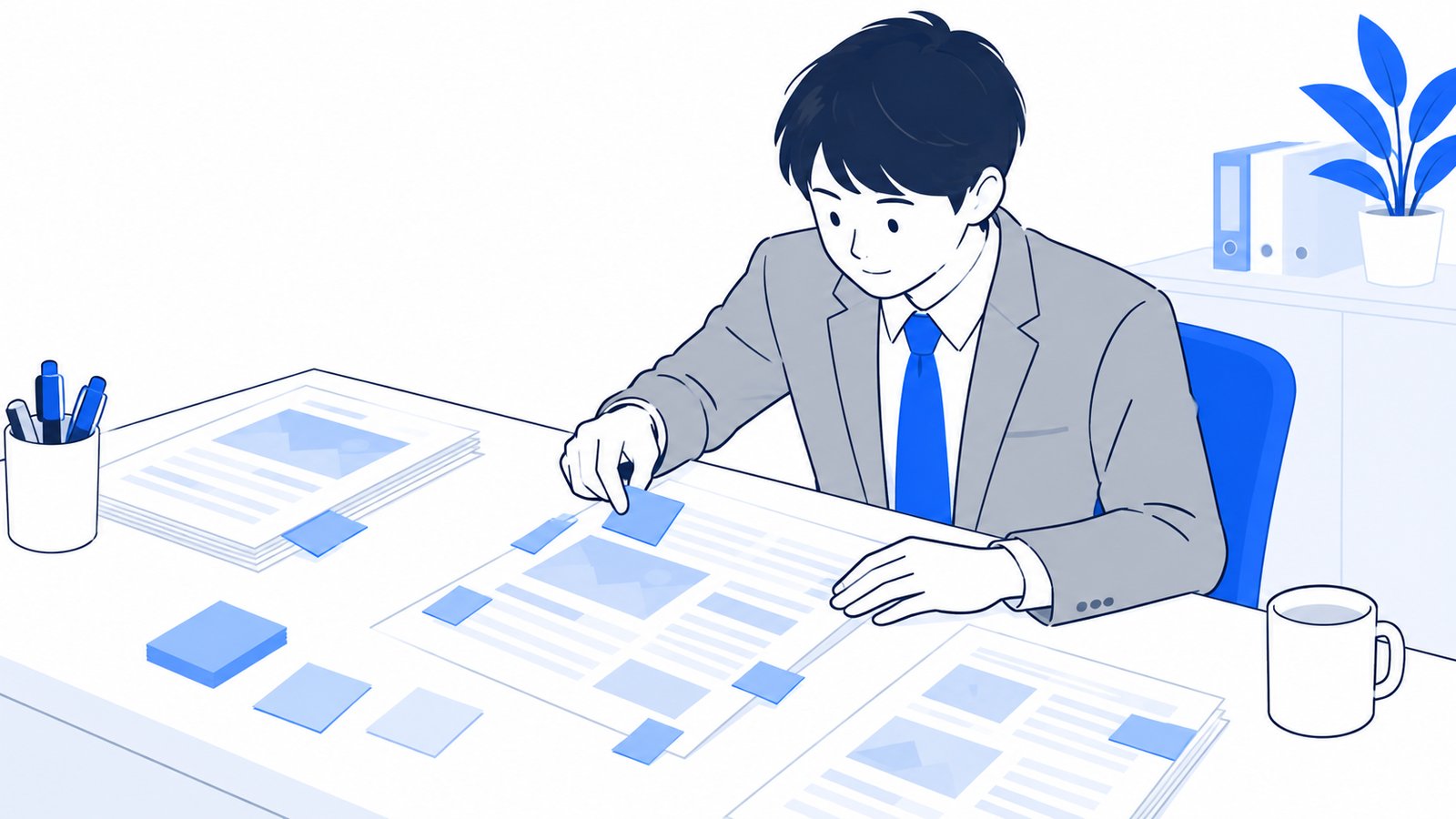 担当者が机でホームページの原稿を読み、気になる表現に付箋を貼っている