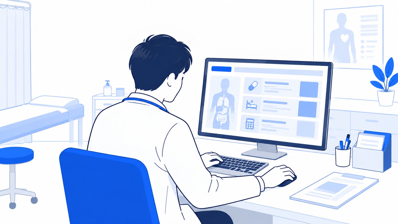 医師が診察室のパソコンで、診療内容と費用の説明ページを確認している