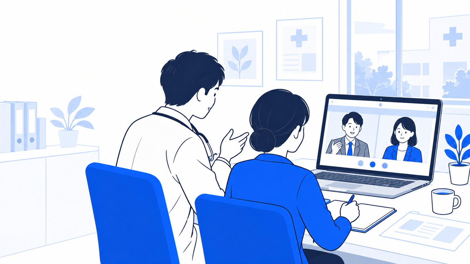 院長と事務長が、パソコンの画面越しにオンラインで制作会社と打ち合わせをしている