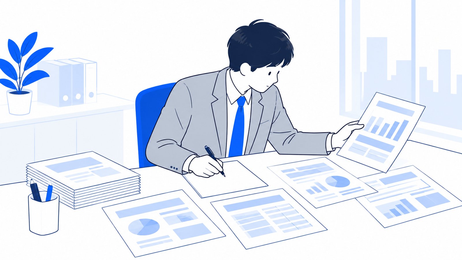 担当者が机に複数の見積書と資料を広げ、金額の違いを見比べてメモを書いている様子