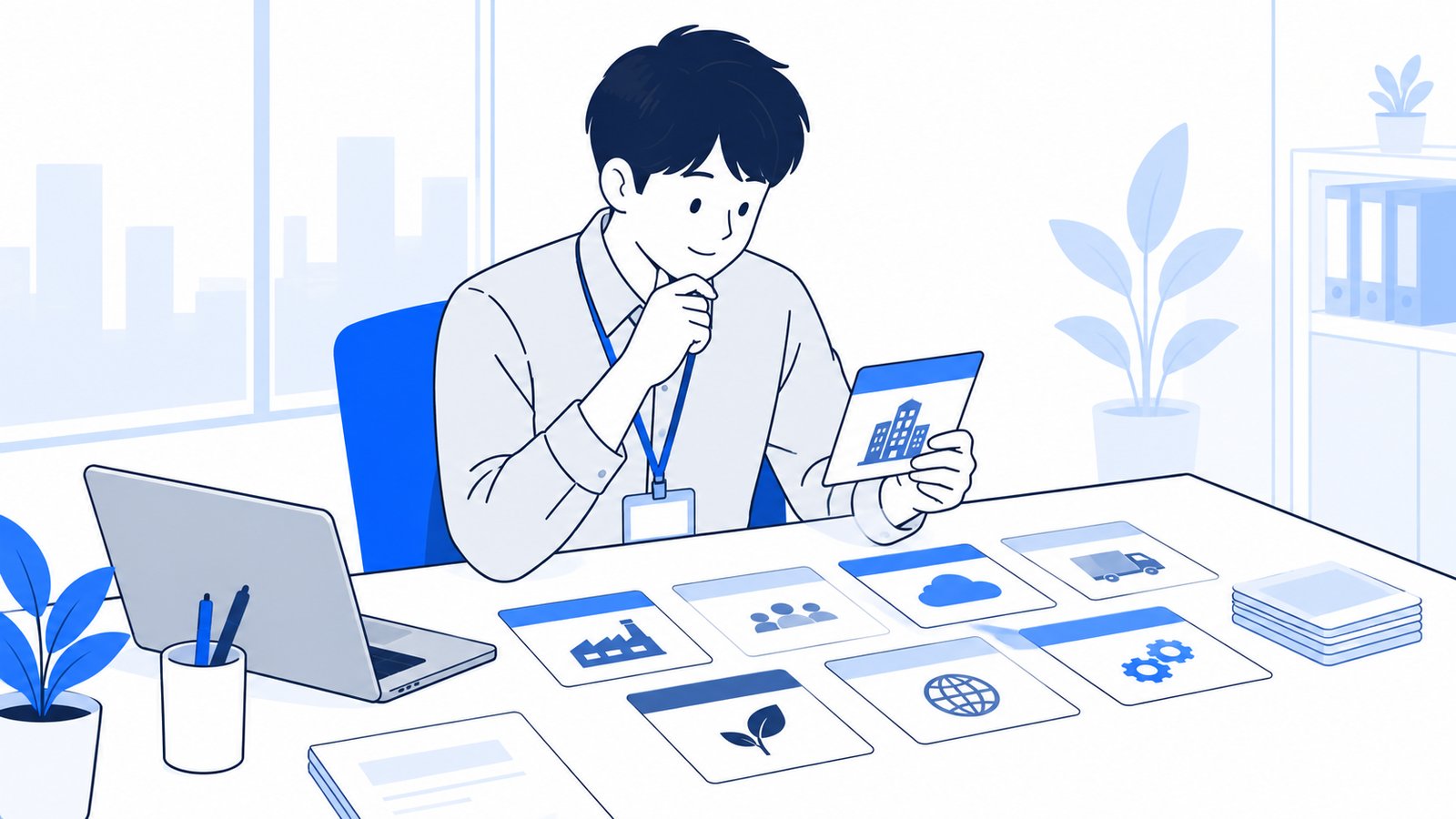 机に依頼先の種類ごとのカードを並べ、費用の出方を比べている担当者