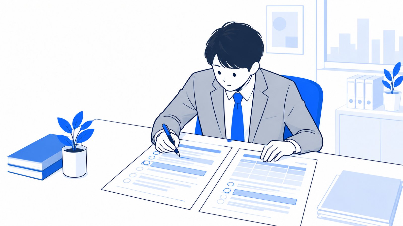 経営者が机で契約書と見積書を並べ、金額と支払い時期に印をつけている様子
